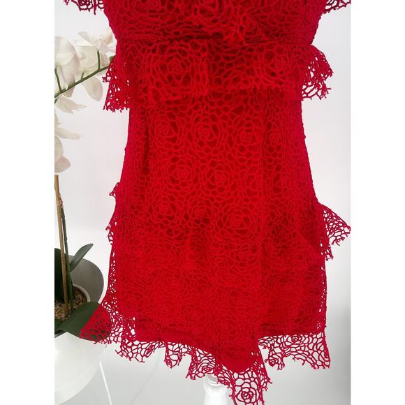 Selfie Leslie Womens Red Floral Crochet Ruffle Lined Fairy Mini Dress Size M - Picture 3 of 10